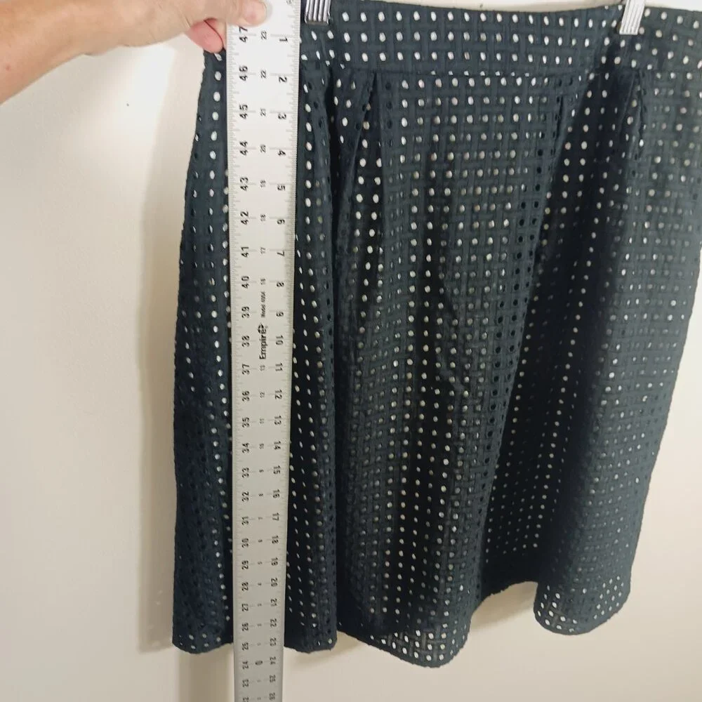 Dennis Basso Black Eyelet Pleated Skirt, White Lining, Size 14, Pockets, Classic